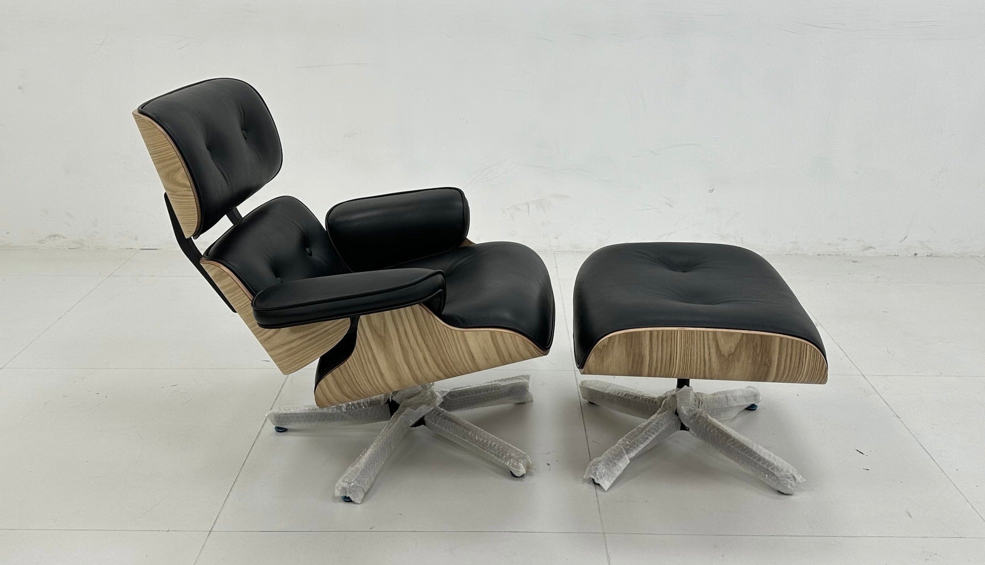 Mid-Century Classic Lounge Chair + Stool Genuine Leather Matt Black Ash Plywood in stock