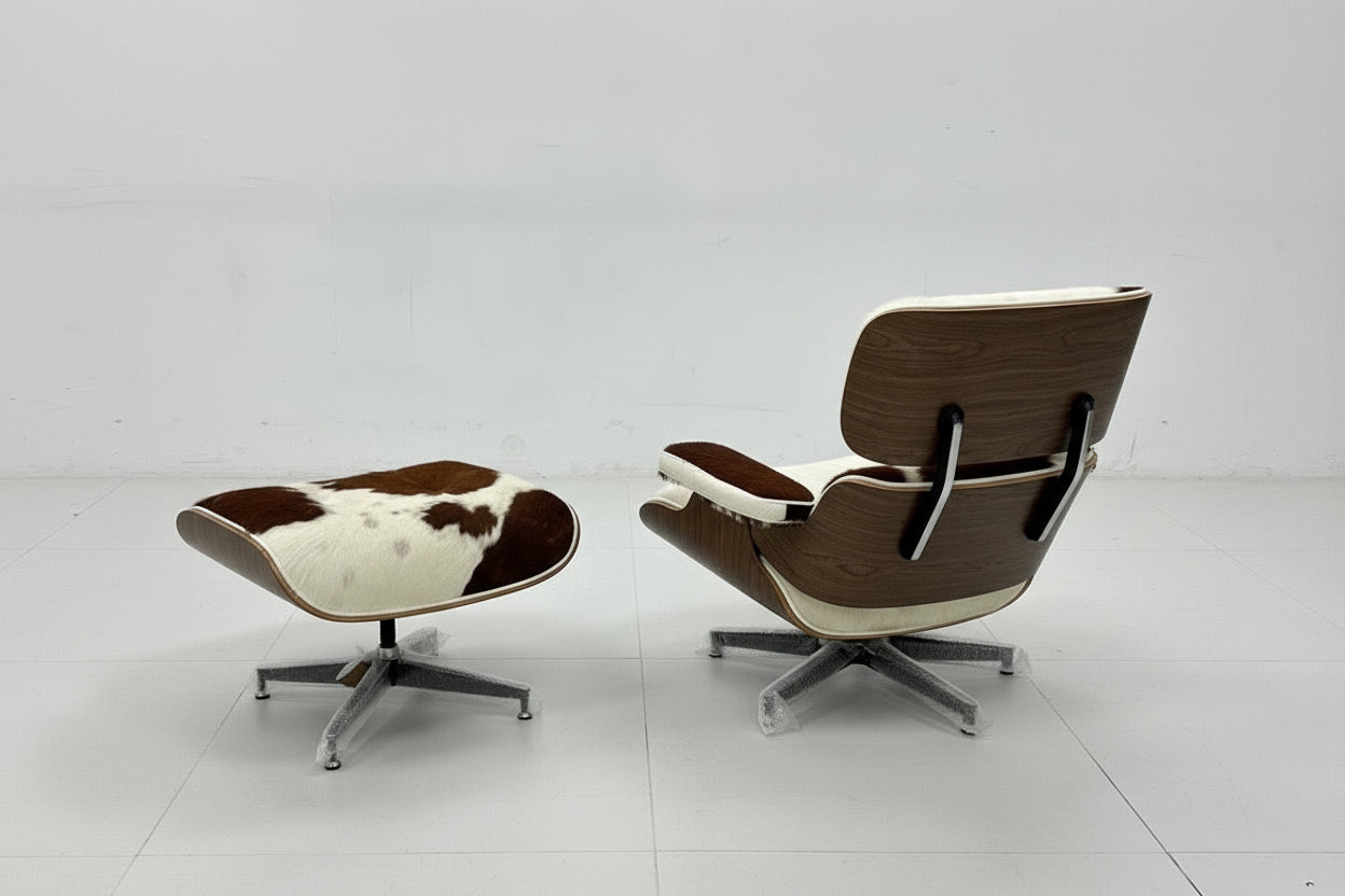 Mid-Century Lounge Chair & Stool – Brown Cowhide Leather, Plywood Made to Order