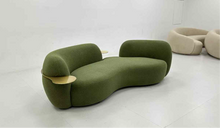 Green Boucle Curved 3 Seater Sofa With Integrated Side Tables in stock