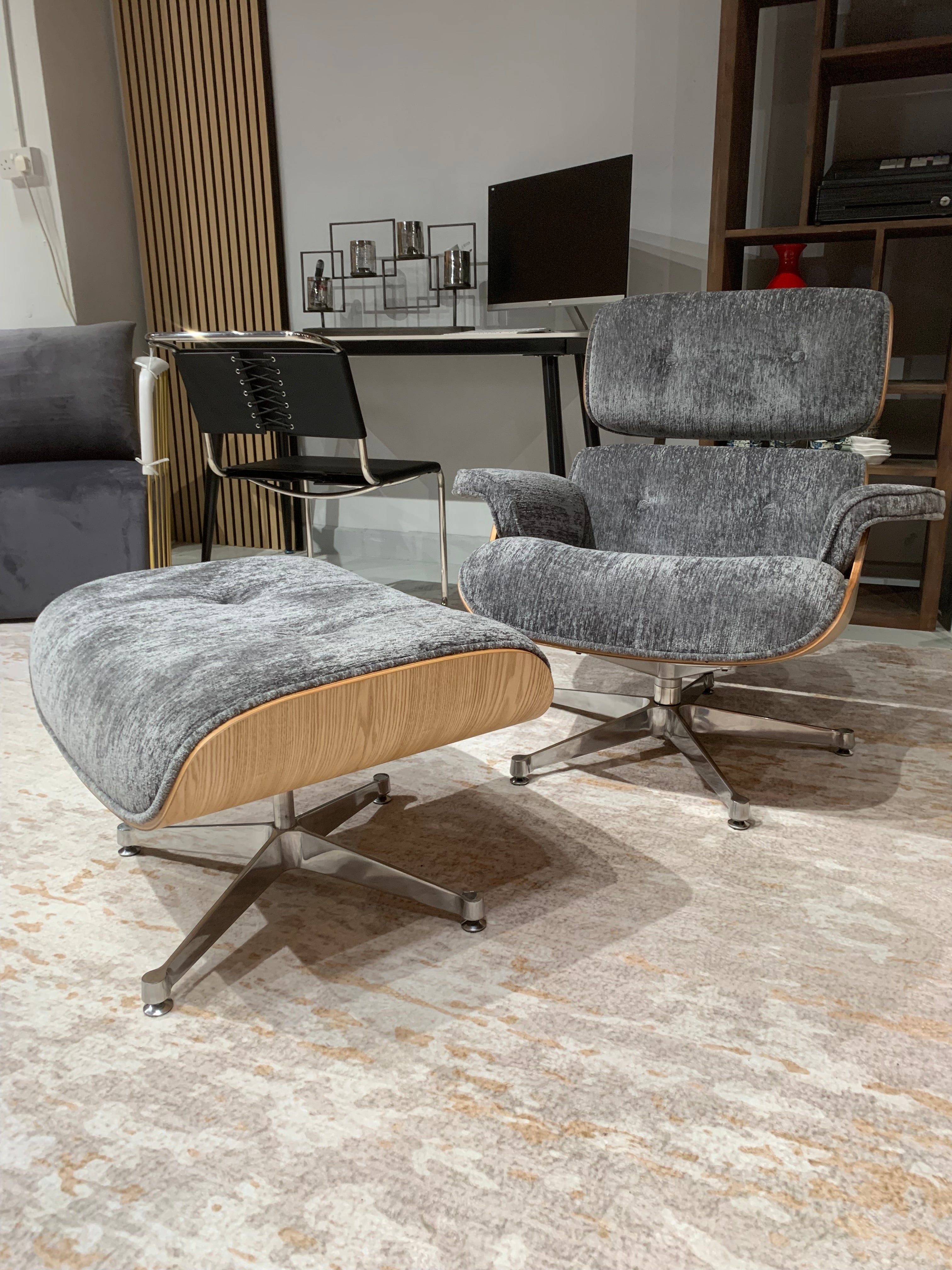 Mid-Century Eames-Style Lounge Chair & Ottoman – Grey Chenille Ash wood panels & Chrome metal base in stock