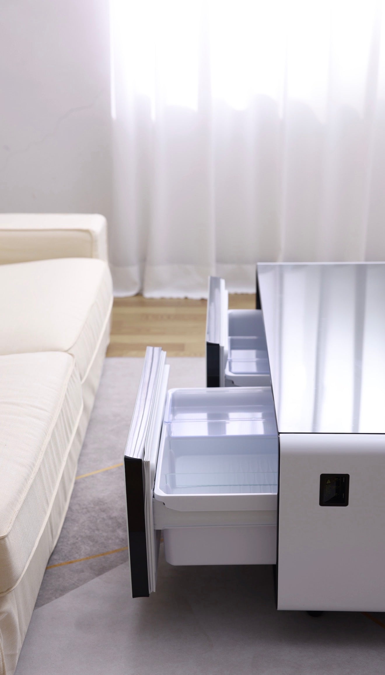 SMT 135Pro Smart Built-In Refrigerator Coffee Table 130L Dual Drawer LED Wireless Charge USB Bluetooth Speakers
