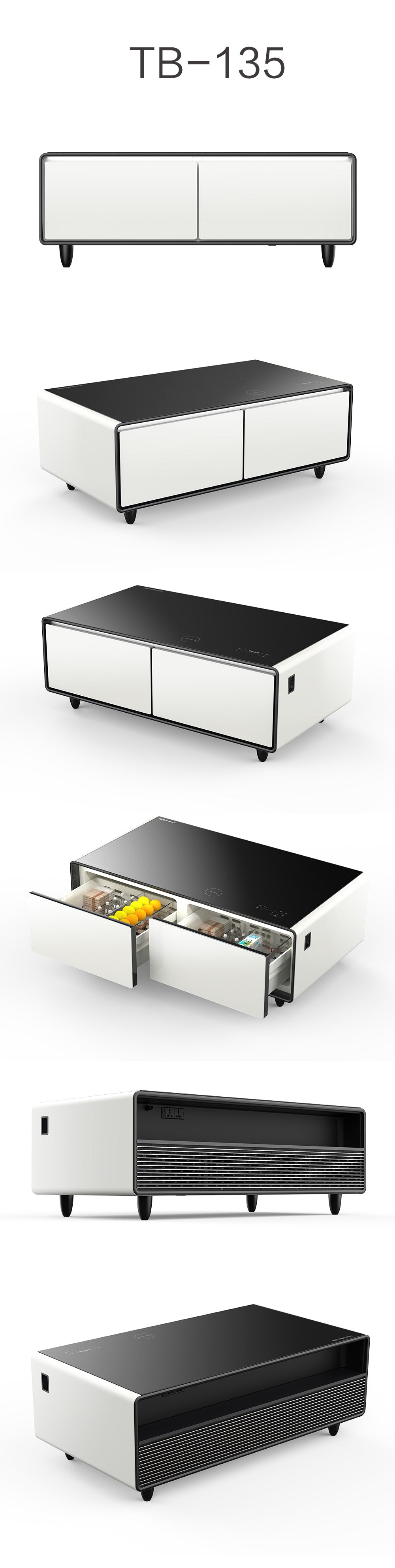 SMT 135Pro Smart Built-In Refrigerator Coffee Table 130L Dual Drawer LED Wireless Charge USB Bluetooth Speakers