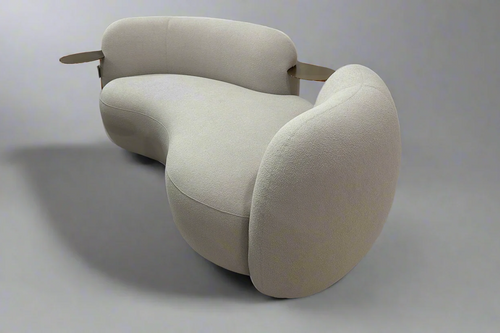 Light Beige Curved 3 Seater Sofa With Gold Integrated Table Made To Order