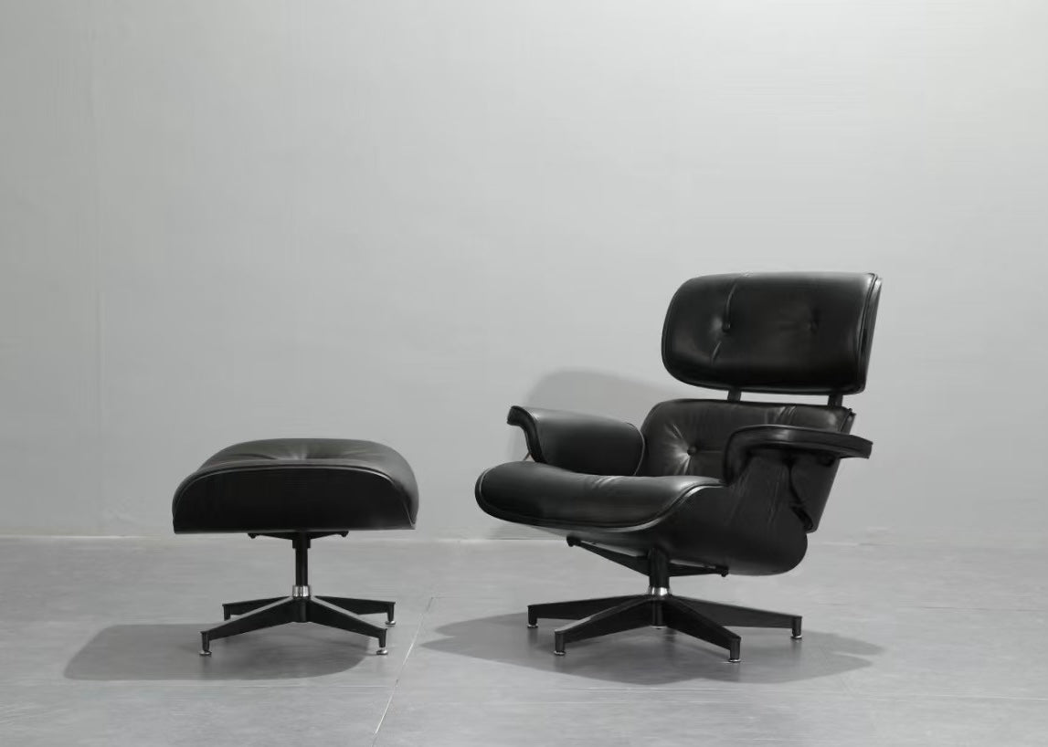 Mid-Century Classic Lounge Chair + Stool Genuine Leather Matt Black (LT005-1) Black Plywood