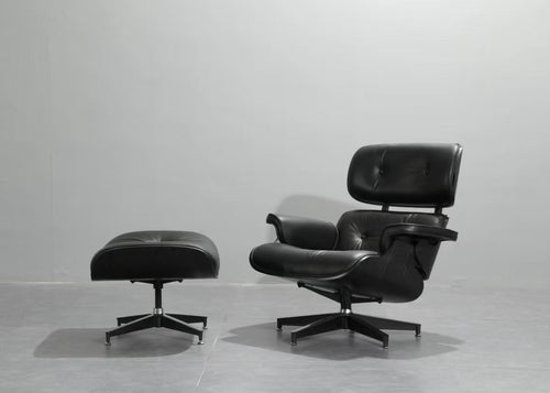 Mid-Century Classic Lounge Chair + Stool Genuine Leather Matt Black (LT005-1) Black Plywood