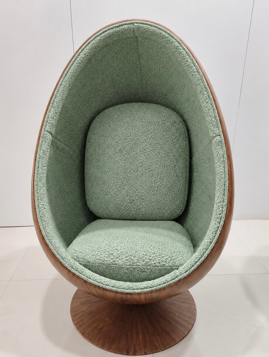 Pod Egg Chair Walnut Shell Mint Green Boucle Interior 50% Deposit Made To Order