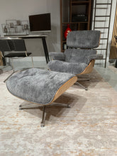 Mid-Century Eames-Style Lounge Chair & Ottoman – Grey Chenille Ash wood panels & Chrome metal base in stock