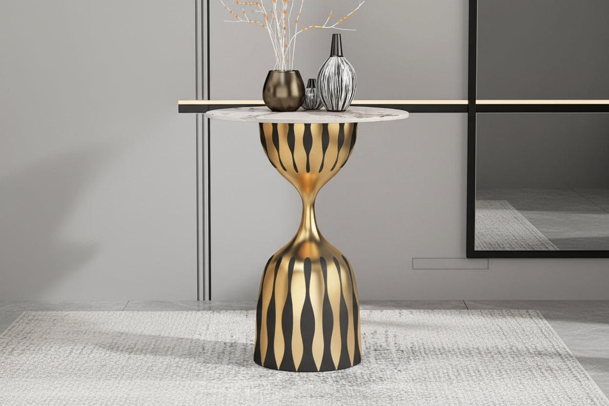 Modern Marble Top Side Table, Sculptural Pedestal Accent Table, Luxury Black Gold End Table for Living Room Bedroom