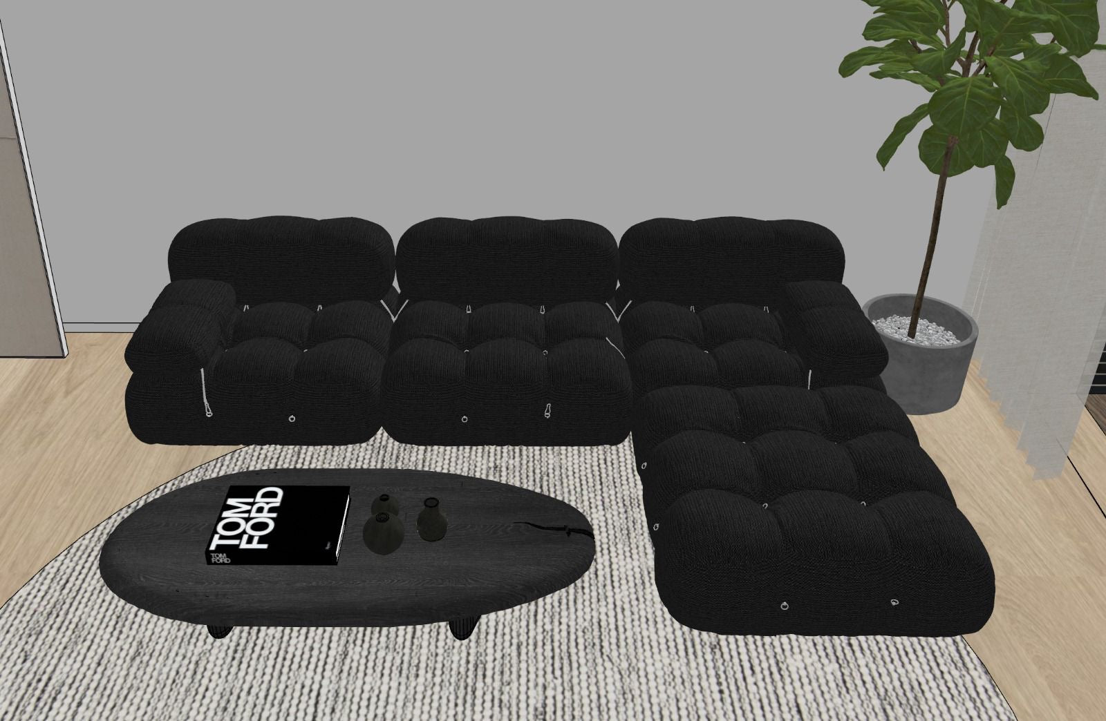 Black Velvet 3 Seater Modular Sofa + Ottoman