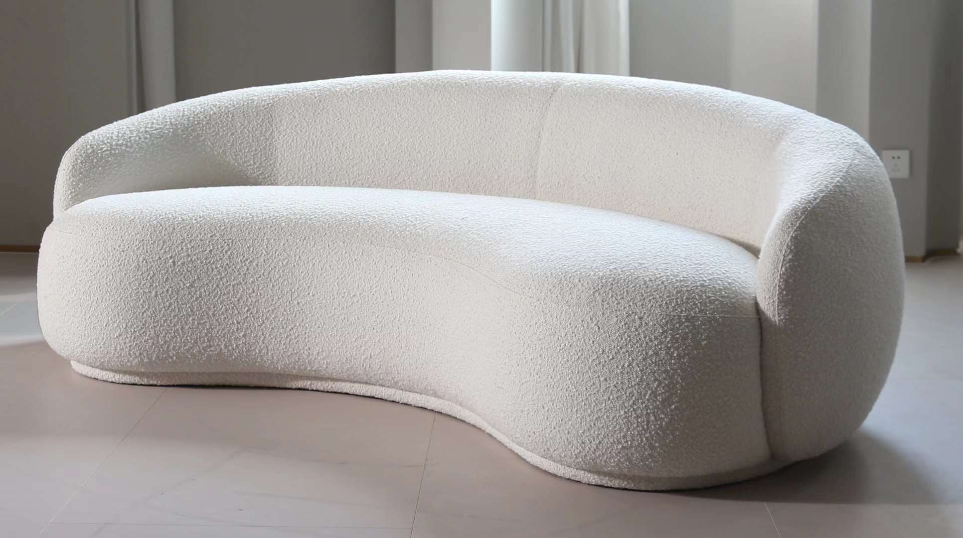 White Curved Sofa – Sculptural Upholstered Arc Couch for Contemporary Living Rooms White Boucle in stock (WT-TEDDY AP)