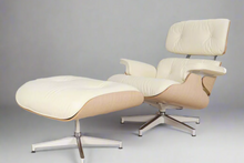 White Mid-Century Classic Lounge Chair + Stool Genuine Leather Natural Tone Plywood Removable Cushions