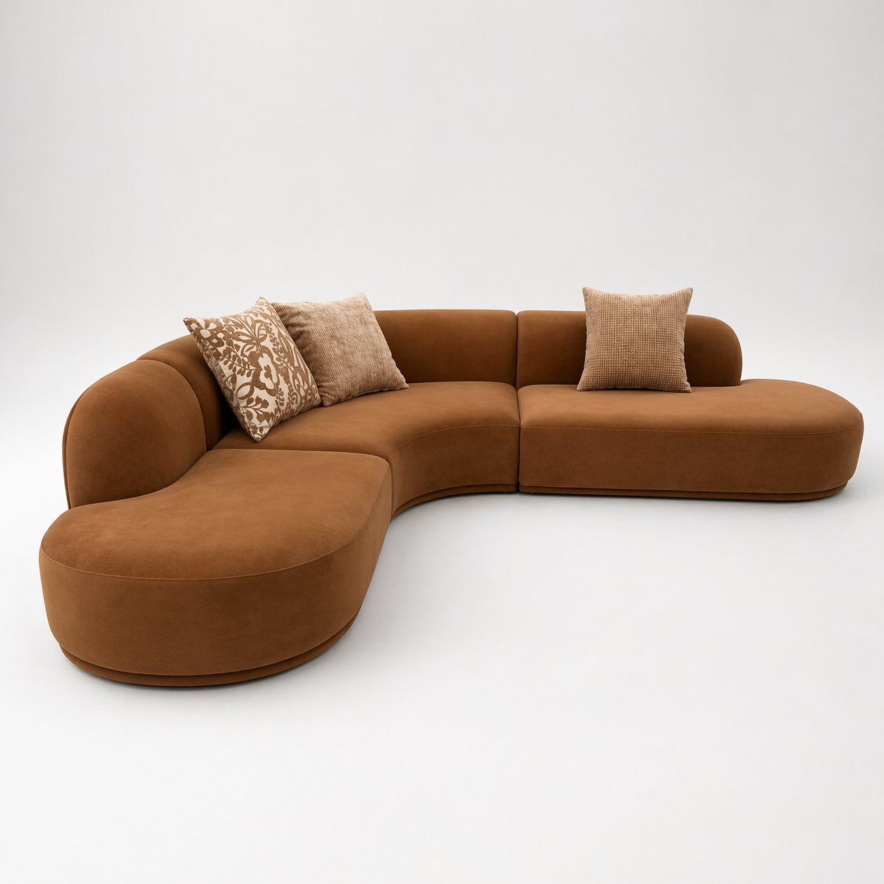 Modern Curved Sectional Sofa – Brown Velvet Upholstered Modular Couch with Chaise | Contemporary Living Room Furniture