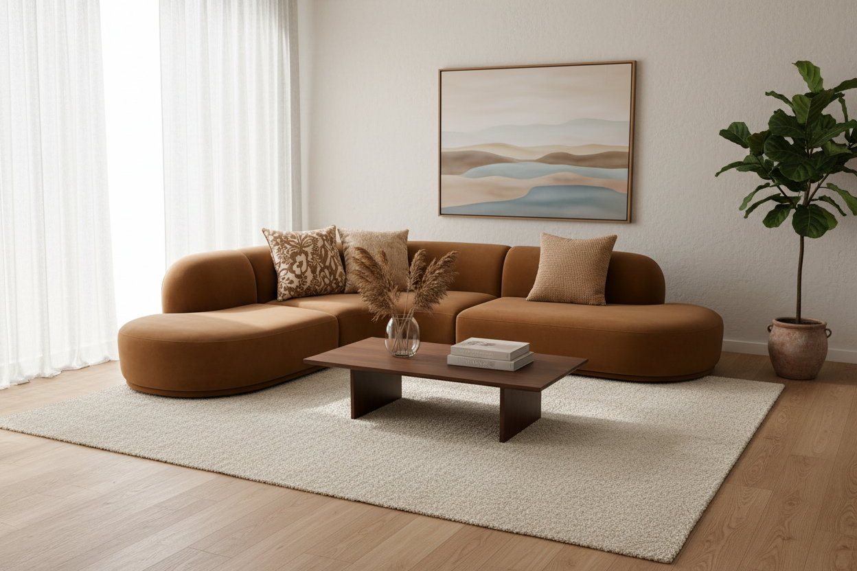 Modern Curved Sectional Sofa – Brown Velvet Upholstered Modular Couch with Chaise | Contemporary Living Room Furniture