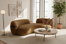 Honey yellow Curved Boucle 3 Seater Sofa With Integrated Table Made To Order