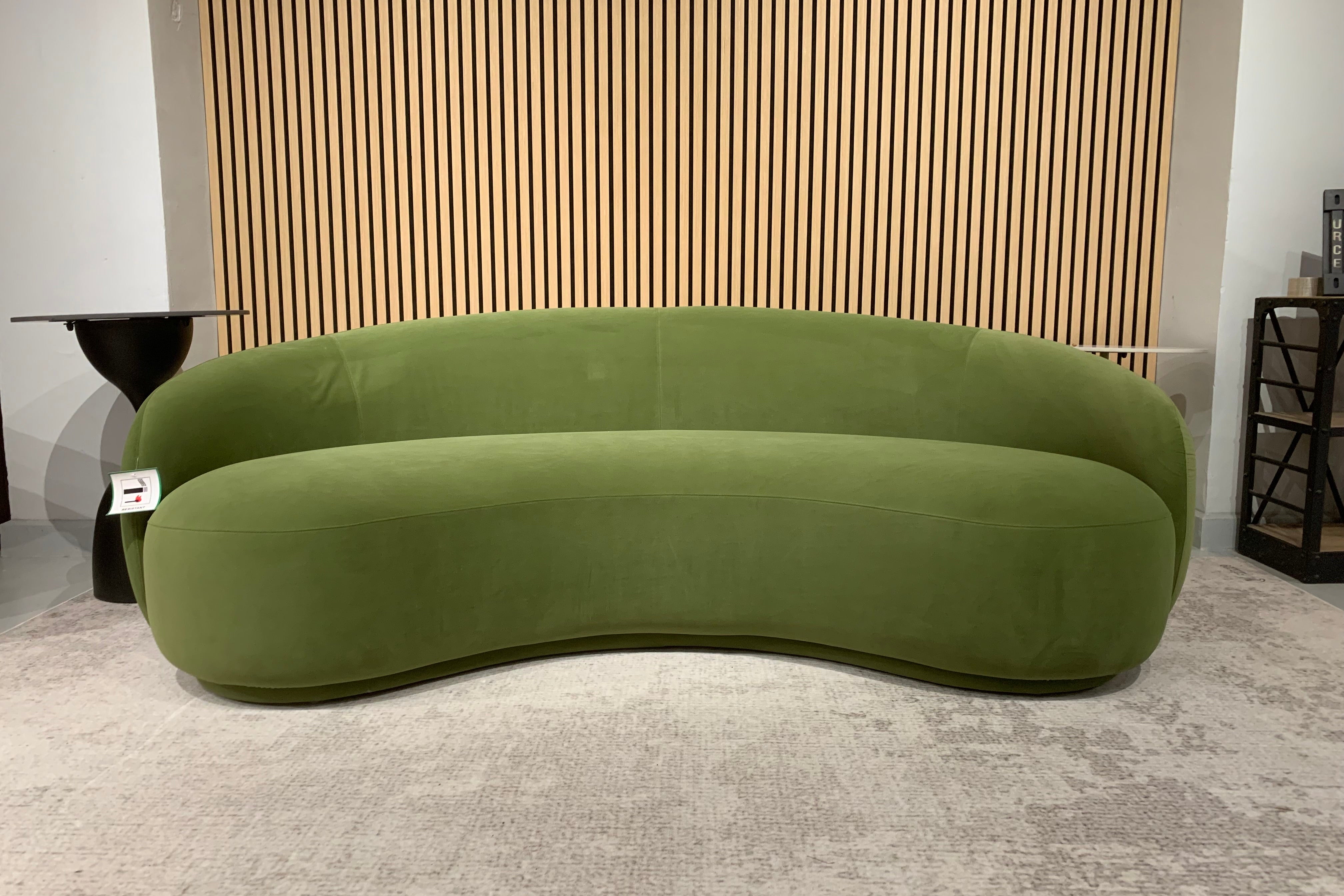 Green Velvet Curved Sofa Sculptural Upholstered Arc Couch for Contemporary Living Rooms in stock