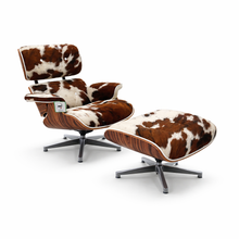 Mid-Century Lounge Chair & Stool – Brown&White Cowhide, Rosewood Finish Plywood Made to Order