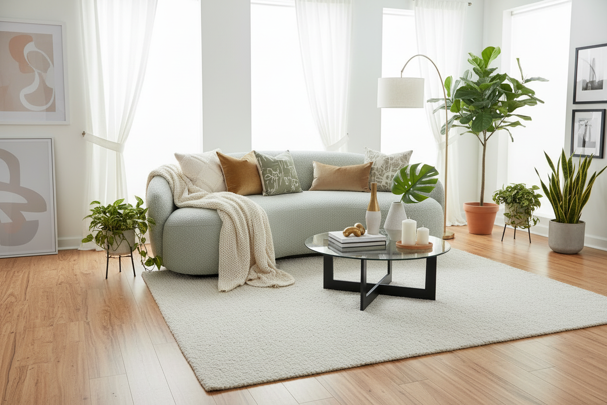 Modern Curved Sofa – Sculptural Upholstered Arc Couch for Contemporary Living Rooms White Boucle