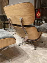 Mid-Century Eames-Style Lounge Chair & Ottoman – Grey Chenille Ash wood panels & Chrome metal base in stock