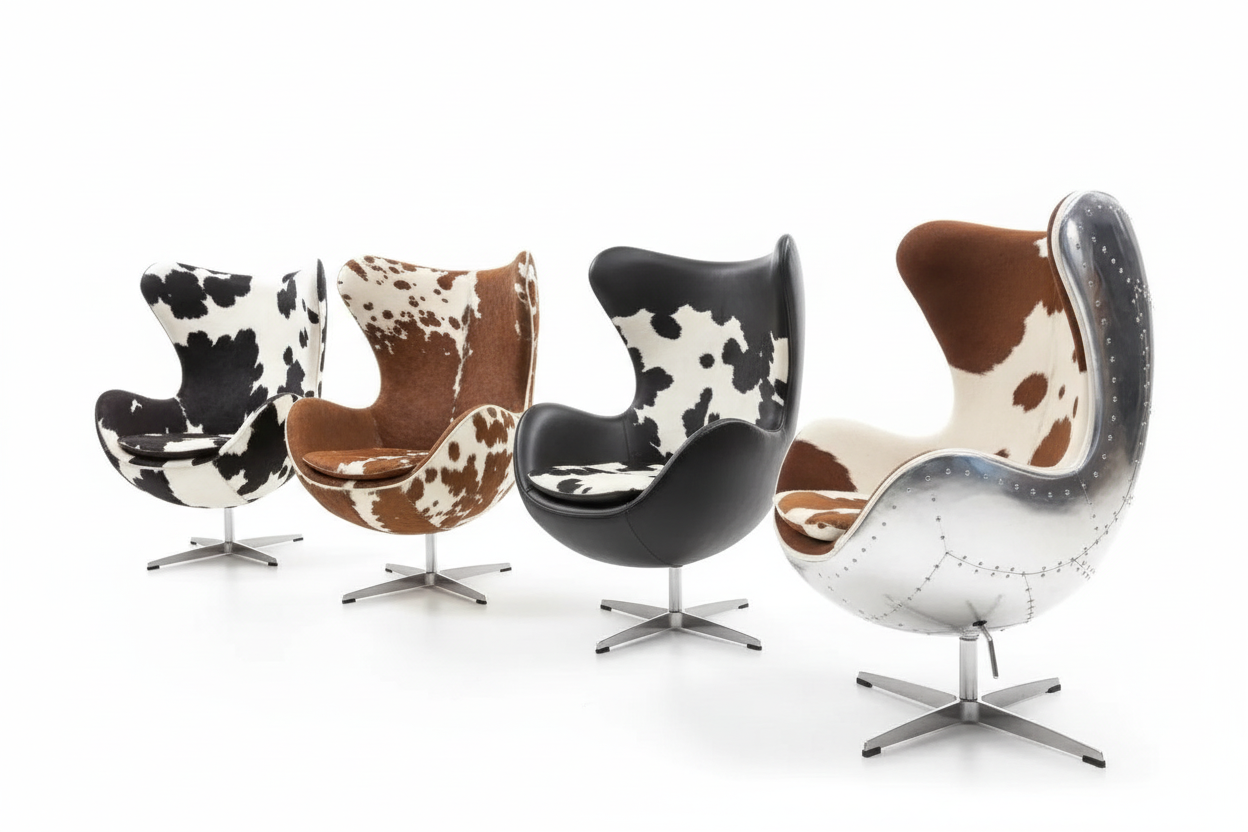 Modern Egg Chair in Full Cowhide Upholstery – Luxury Swivel Accent Chair with Stainless Steel Base
