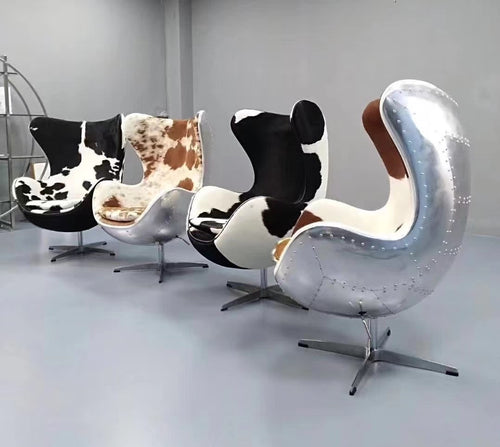 Wingback Egg Shaped Aviator Chair Black/White Cowhide Leather Silver Shell