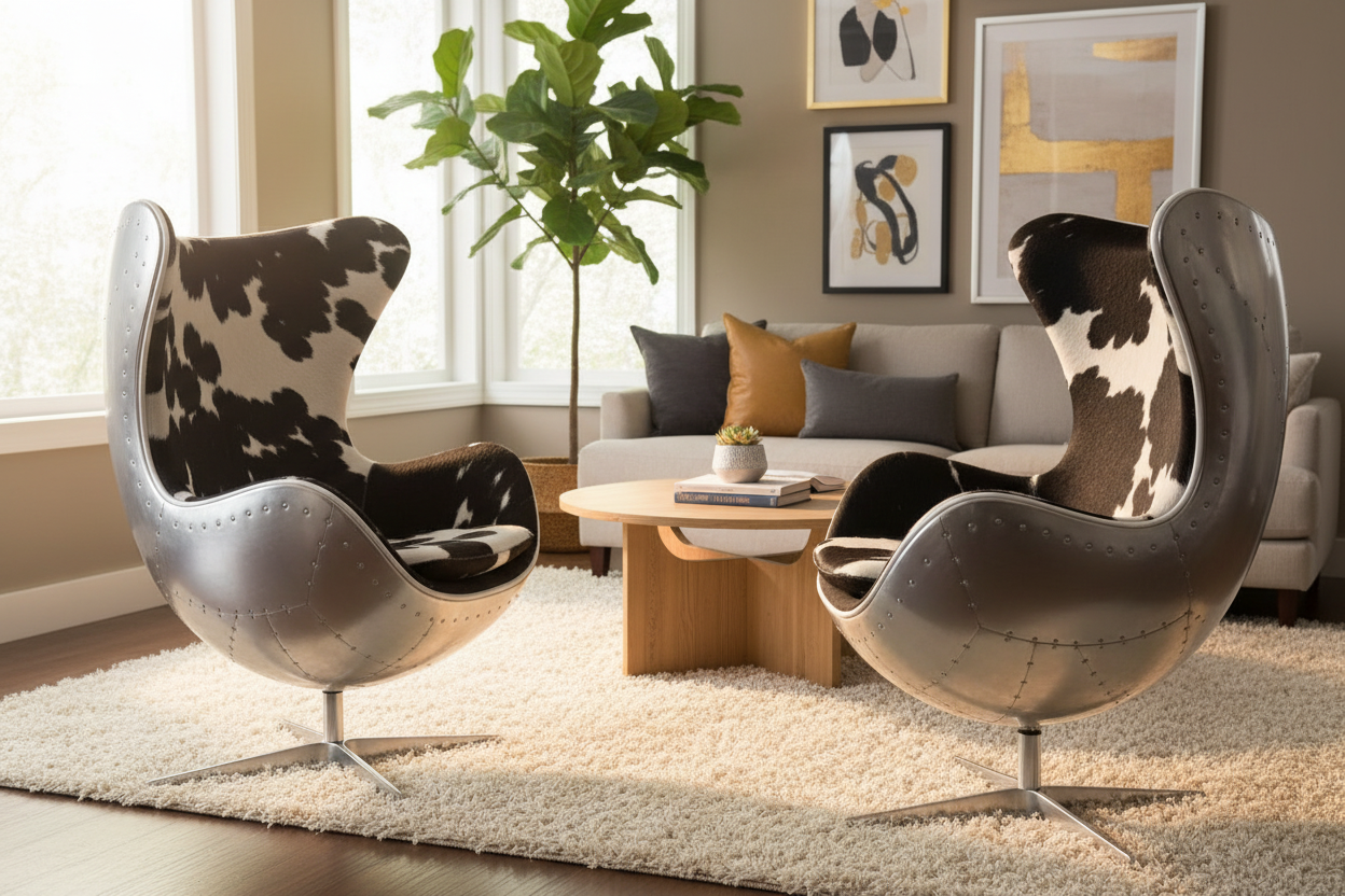 Modern Egg Chair in Cowhide Pattern – Luxury Swivel Accent Chair with Stainless Steel Base