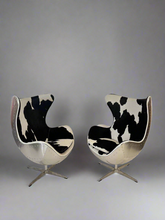 Wingback Egg Shaped Aviator Chair Black/White Cowhide Leather Silver Shell