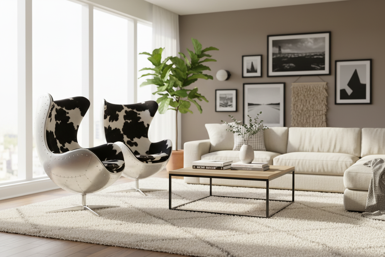 Modern Egg Chair in Full Cowhide Upholstery – Luxury Swivel Accent Chair with Stainless Steel Base