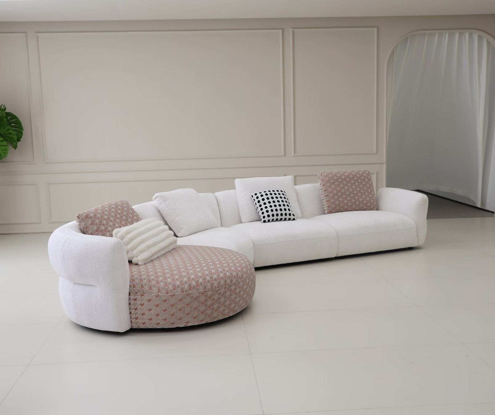 Extra Large Curved Sectional Sofa – Cream & Pink Textured Bouclé Upholstered Modular Accent Pillows Sofa for Spacious Living Spaces
