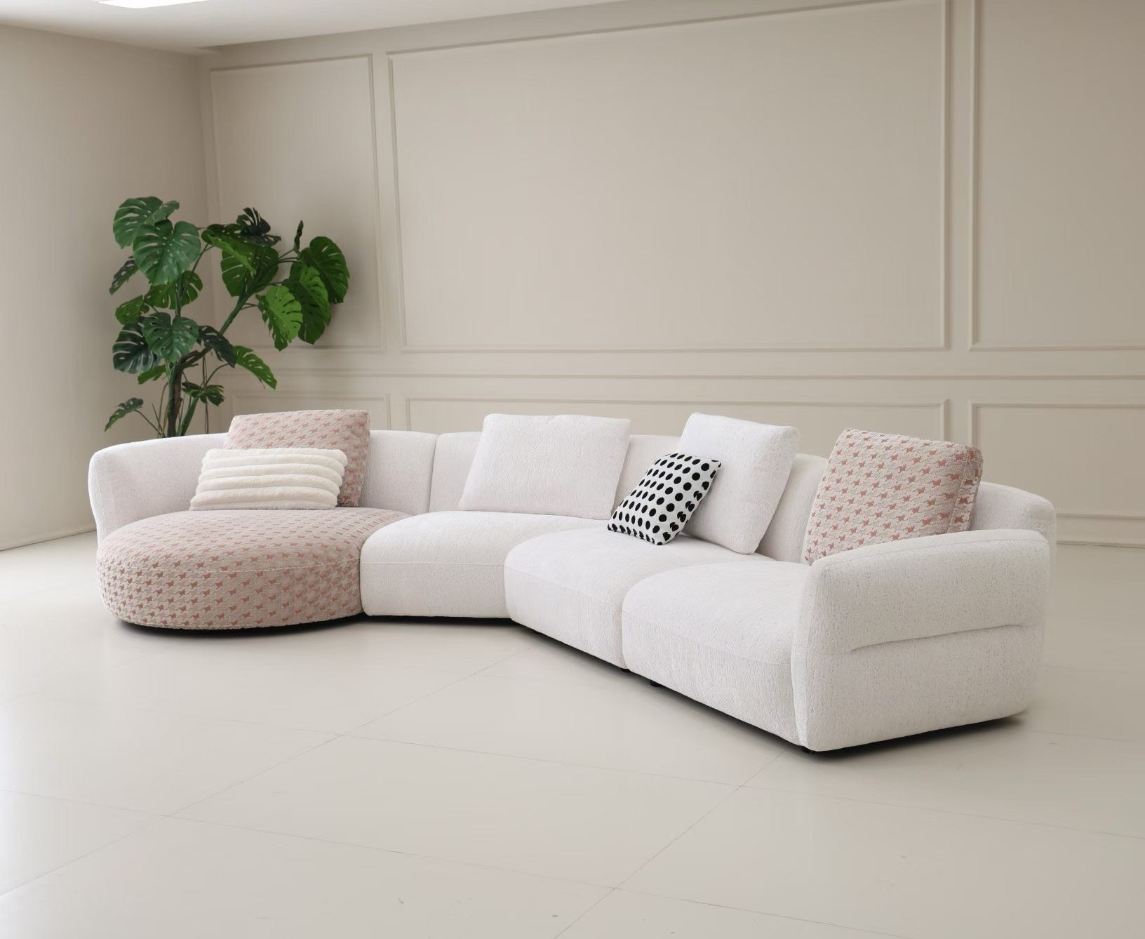 Extra Large Curved Sectional Sofa – Cream & Pink Textured Bouclé Upholstered Modular Accent Pillows Sofa for Spacious Living Spaces