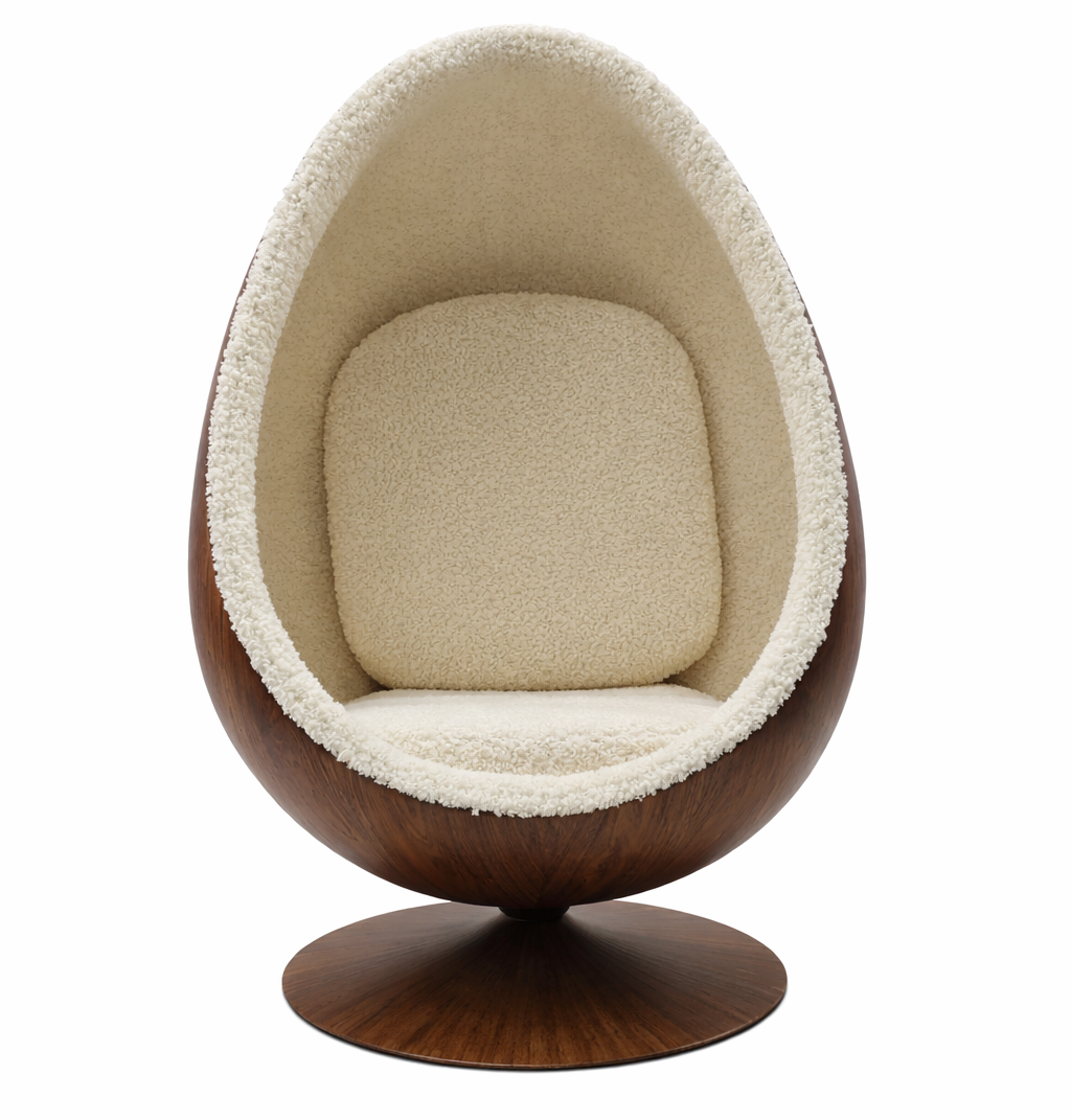Pod Egg Chair Walnut Shell Teddy Boucle Interior In Stock