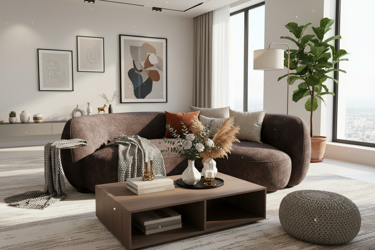 Chocolate Curved 3 Seater Sofa With Integrated Table Made To Order