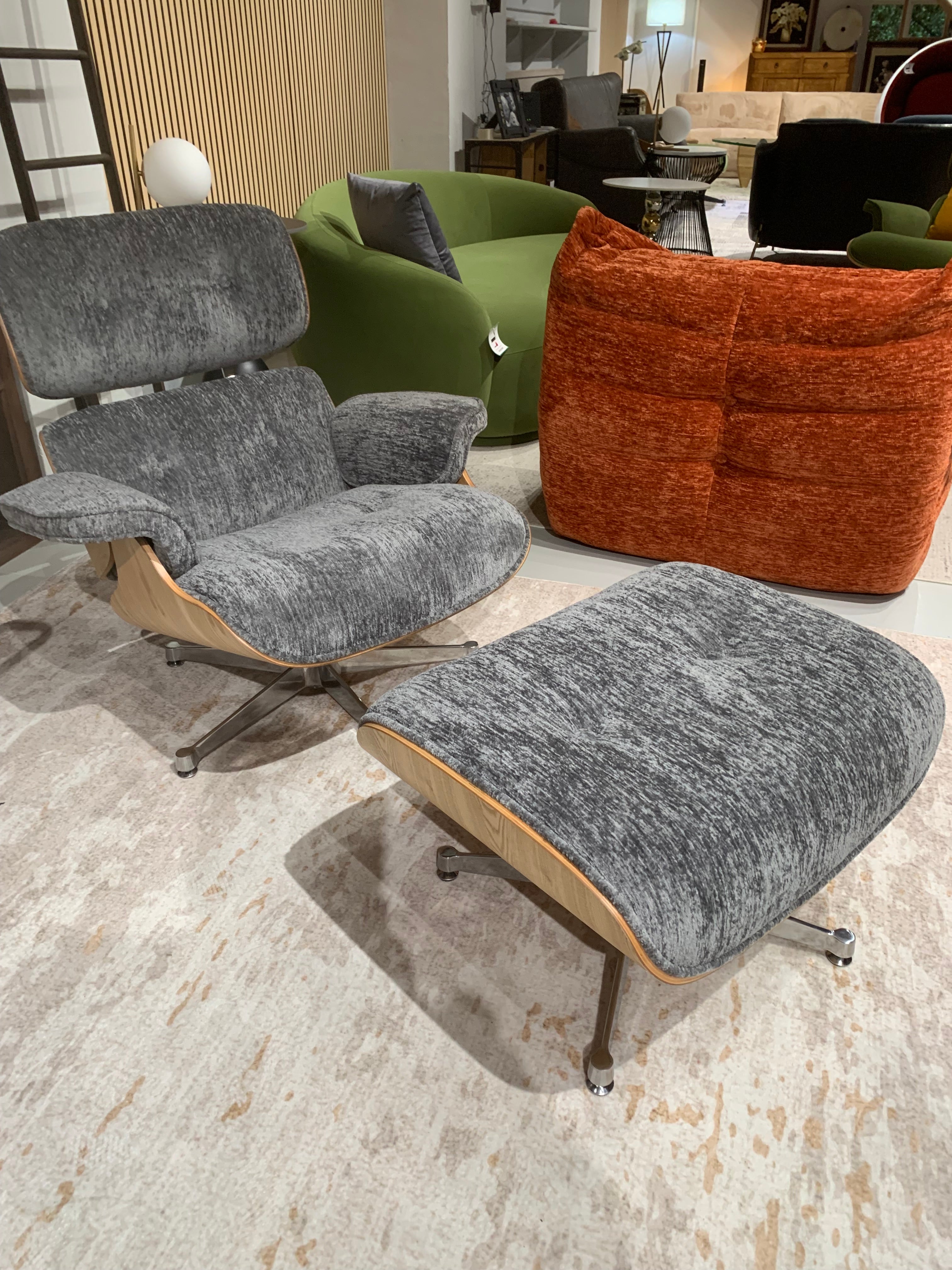Mid-Century Eames-Style Lounge Chair & Ottoman – Grey Chenille Ash wood panels & Chrome metal base in stock