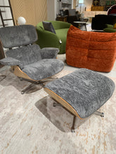 Mid-Century Eames-Style Lounge Chair & Ottoman – Grey Chenille Ash wood panels & Chrome metal base in stock