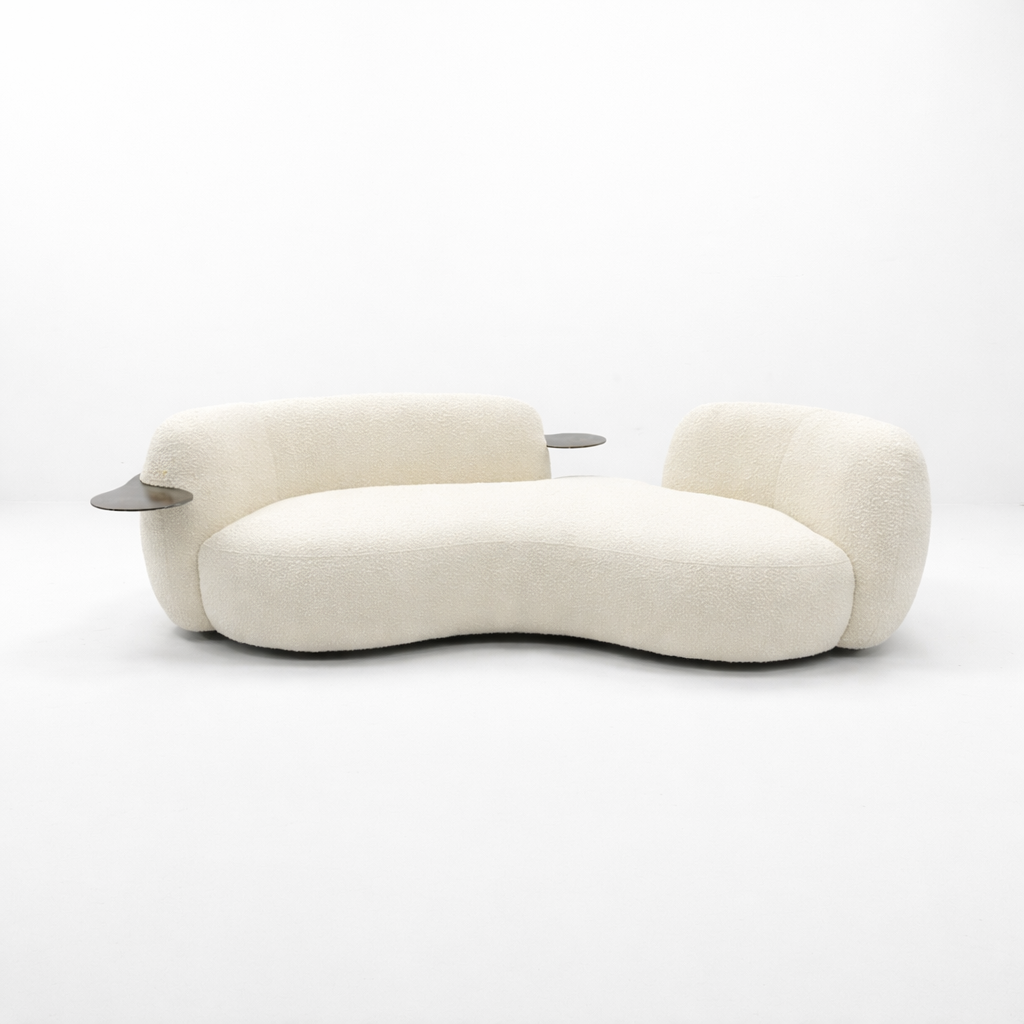 White Boucle Curved 3 Seater Sofa With Integrated Chrome Table  (WT-TEDDY AP)