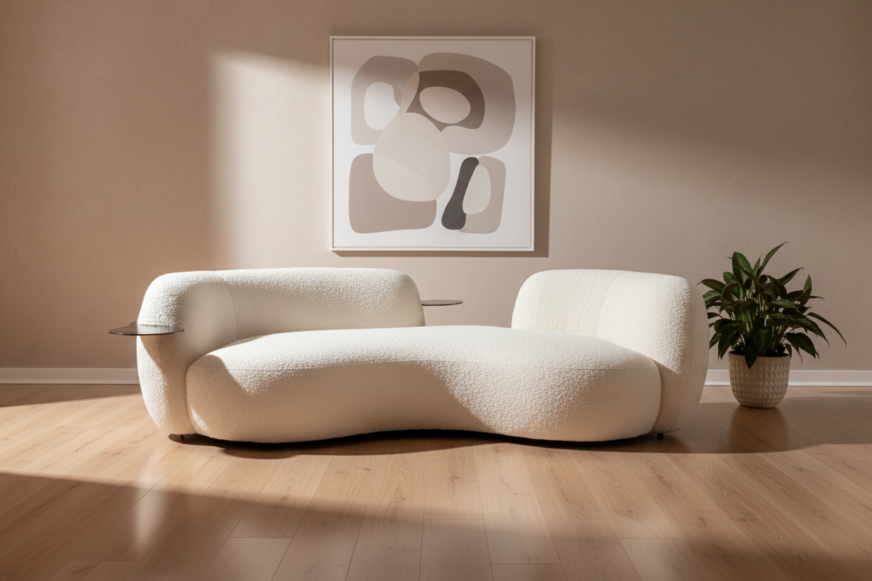White Boucle Curved 3 Seater Sofa With Integrated Chrome Table in stock