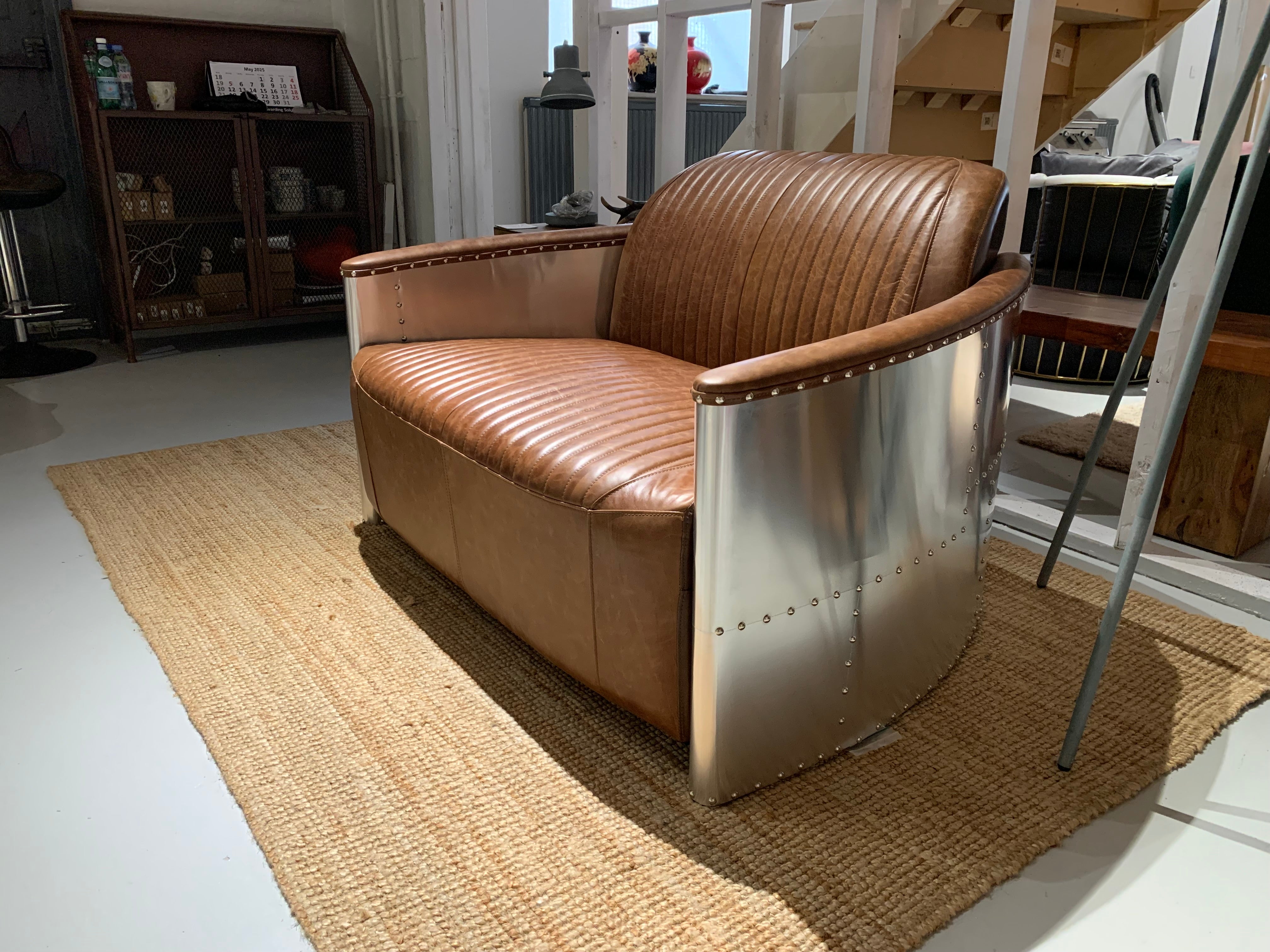 Aviator Sofa 2 Seater Tan Brown Top Grain Leather in stock