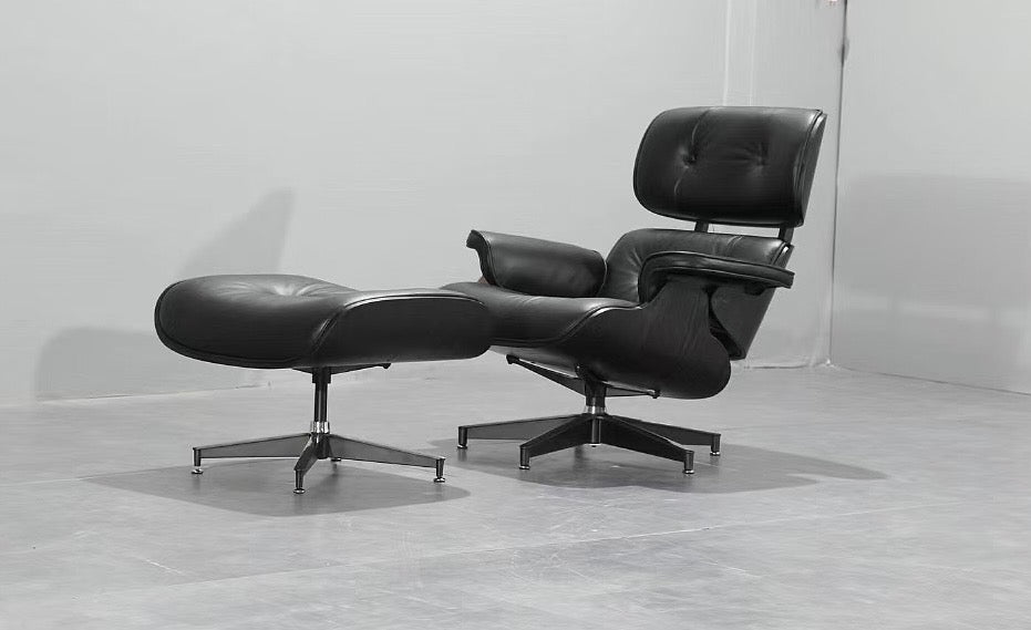Mid-Century Classic Lounge Chair + Stool Genuine Leather Matt Black (LT005-1) Black Plywood