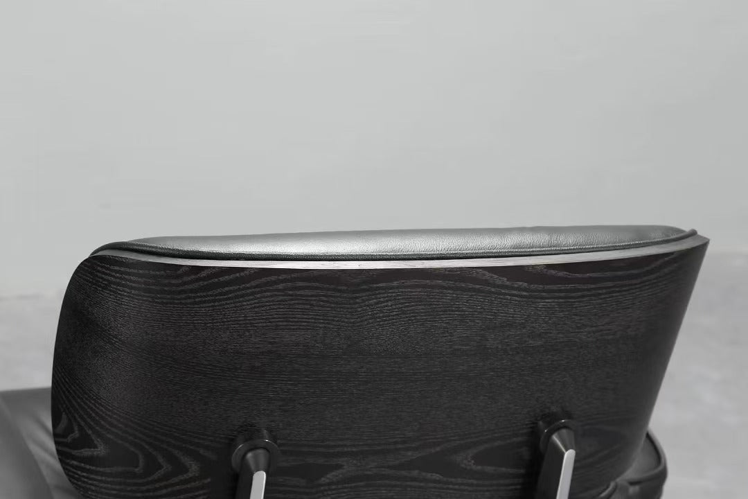 Mid-Century Classic Lounge Chair + Stool Genuine Leather Matt Black (LT005-1) Black Plywood
