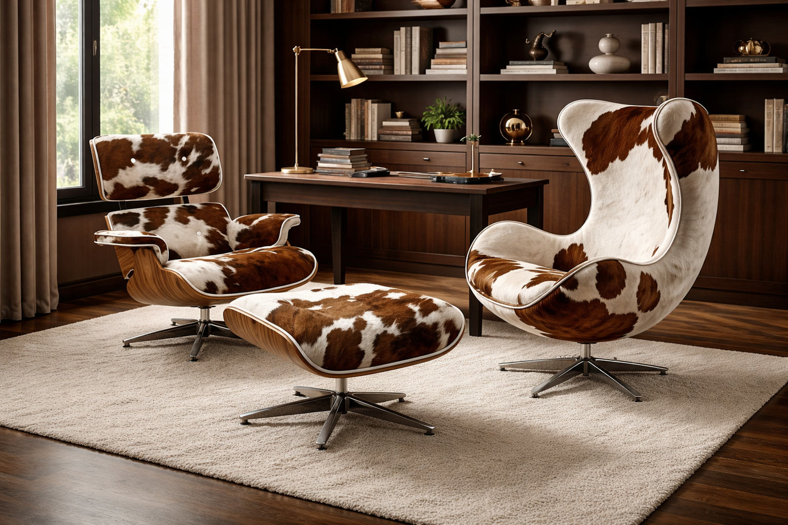 Mid-Century Lounge Chair & Stool – Brown&White Cowhide, Rosewood Finish Plywood Made to Order