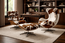 Mid-Century Lounge Chair & Stool – Brown&White Cowhide, Rosewood Finish Plywood Made to Order