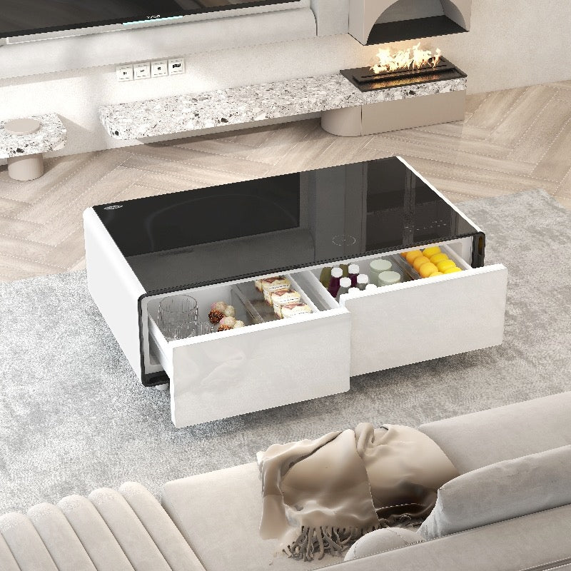 SMT 135Pro Smart Built-In Refrigerator Coffee Table 130L Dual Drawer LED Wireless Charge USB Bluetooth Speakers