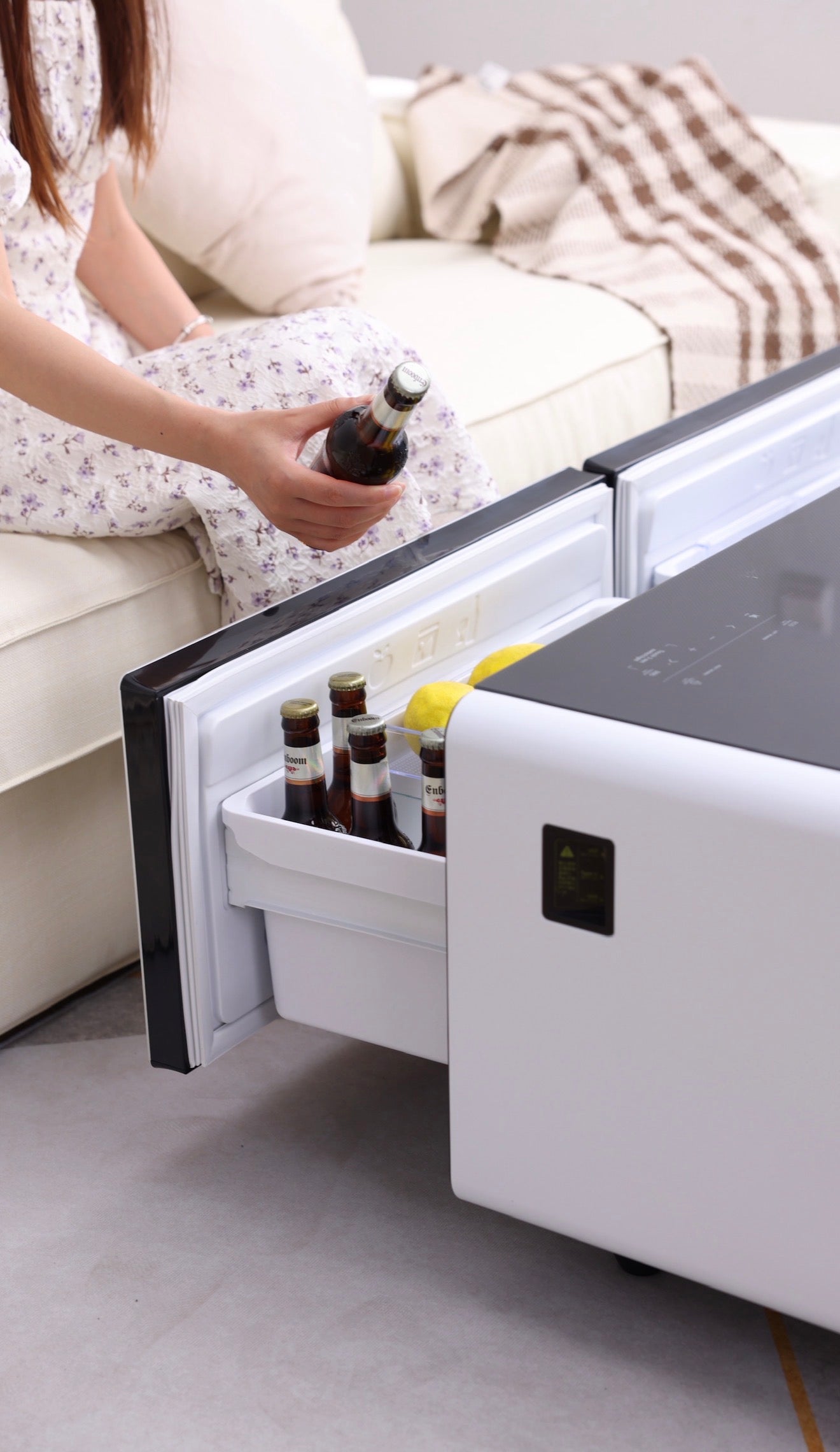 SMT 135Pro Smart Built-In Refrigerator Coffee Table 130L Dual Drawer LED Wireless Charge USB Bluetooth Speakers