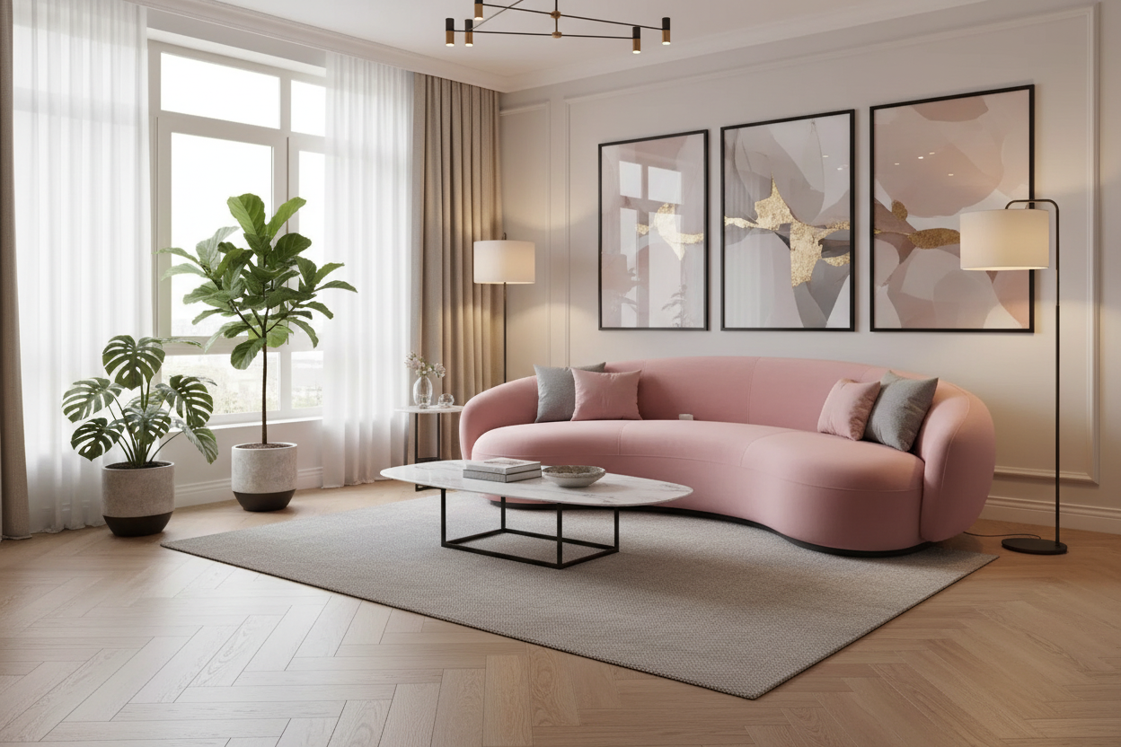 Pink Velvet or Boucle Curved Sofa