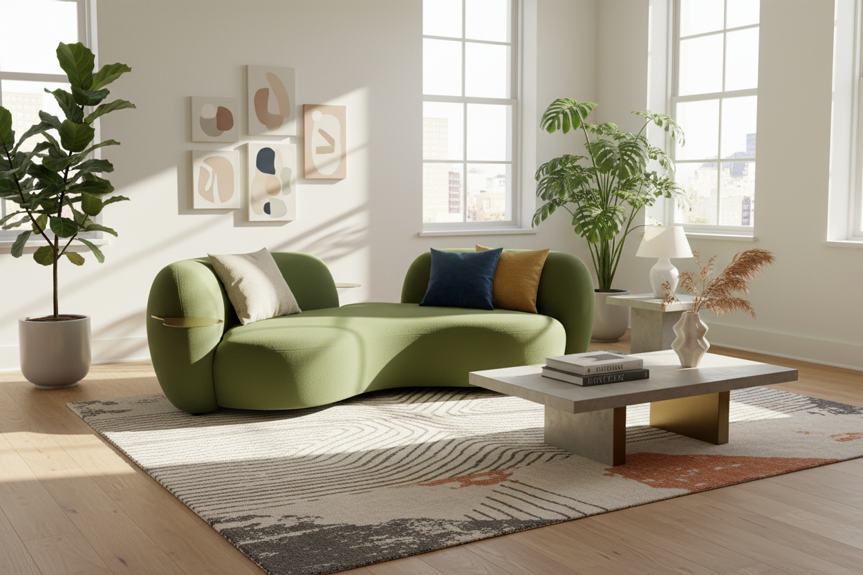 Green Boucle Curved 3 Seater Sofa With Integrated Side Tables