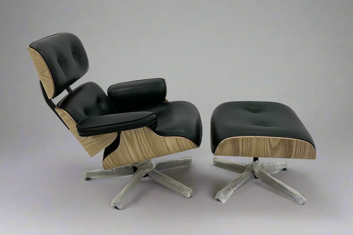 Mid-Century Classic Lounge Chair + Stool Genuine Leather Matt Black Ash Plywood in stock