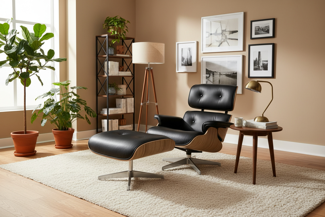 Mid-Century Classic Lounge Chair + Stool Genuine Leather Matt Black Ash Plywood in stock