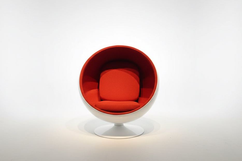 Modern Mid Century Orange Boucle Ball Chair with Swivel Base - Contemporary Designer Lounge Chair for Living Room & Office In Stock