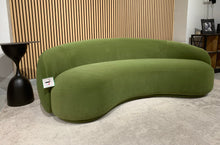 Green Velvet Curved Sofa Sculptural Upholstered Arc Couch for Contemporary Living Rooms in stock