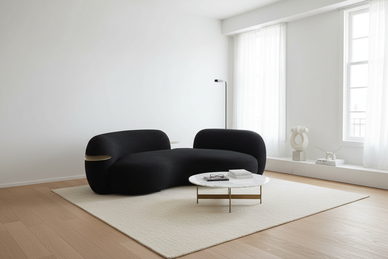 Curved Black Boucle 3 Seater Integrated Table Chrome Made To Order UK Delivery