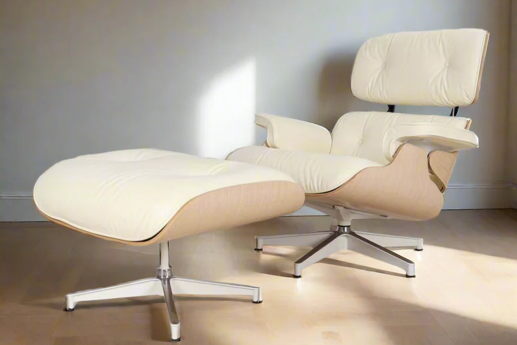White Mid-Century Classic Lounge Chair + Stool Genuine Leather Natural Tone Plywood Removable Cushions